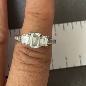 Diamonique 3 Stone Emerald cut ring size 8- Platinum Clad
